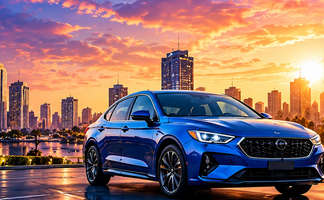 Photorealistic blue sedan at sunset